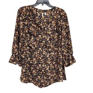 Cato Top 2X Dark Floral Ruffled Front 3/4 Sleeve Button Up Dressy Office Flowy